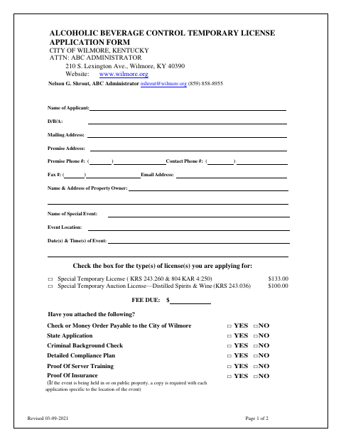 First page of the Alcoholic Beverage Control Temporary License Application