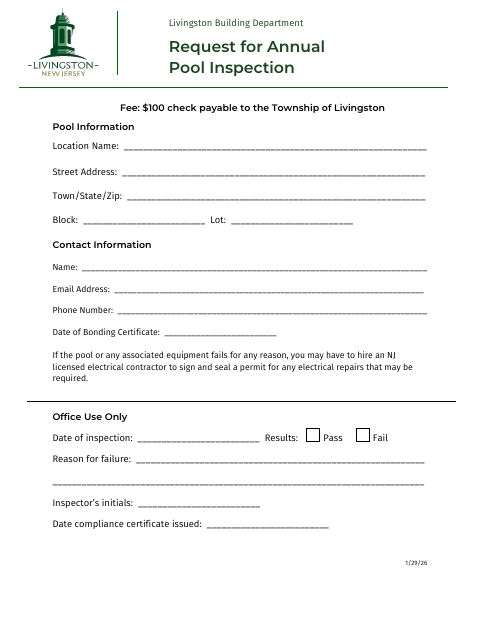 First page of the Request for Annual Pool Inspection