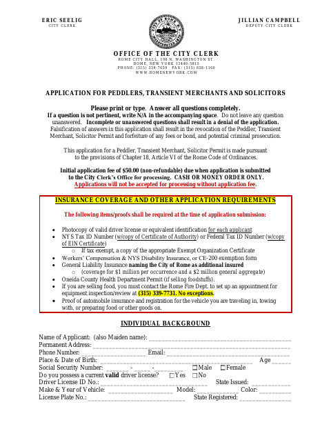 First page of the Peddler, Solicitor and Transient Merchant Application