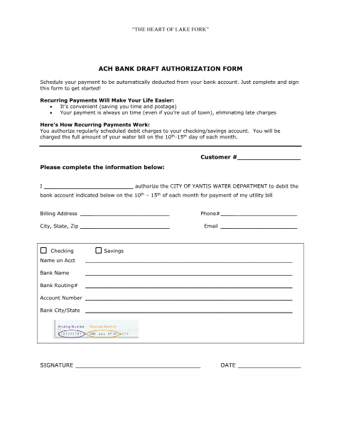 First page of the ACH Bank Draft Authorization Form