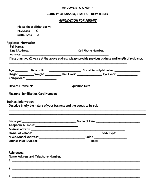 First page of the Solicitors-Peddlers Application