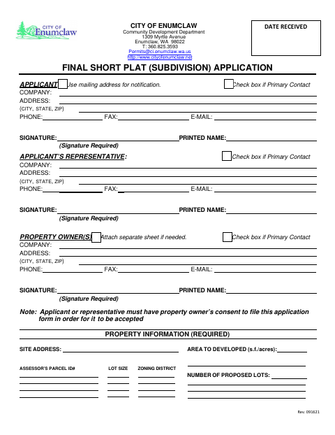 First page of the Final Short Plat (Subdivision) Application