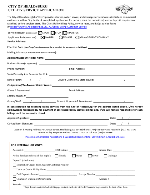 First page of the Utility Service Application