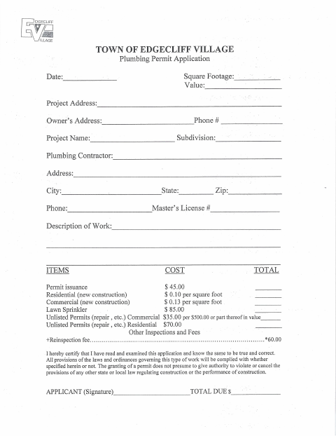 First page of the Plumbing Permit Application