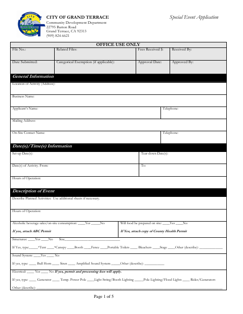 First page of the Special Event Application