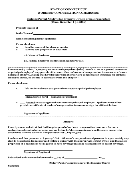 First page of the Building Permit Affidavit for Property Owners or Sole Proprietors