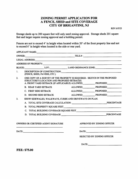 First page of the Zoning Permit Application for Fence, Shed, and Site Coverage