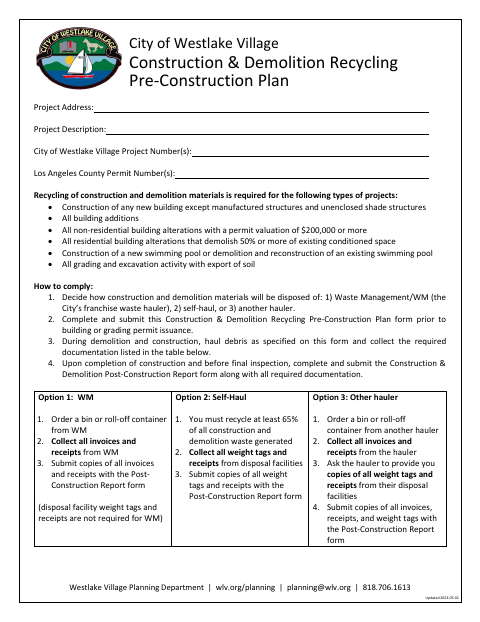 First page of the Construction & Demolition Recycling Pre-Construction Plan