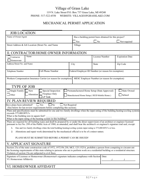 First page of the Mechanical Permit Application