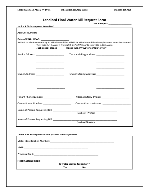 First page of the Landlord Final Water Bill Request Form