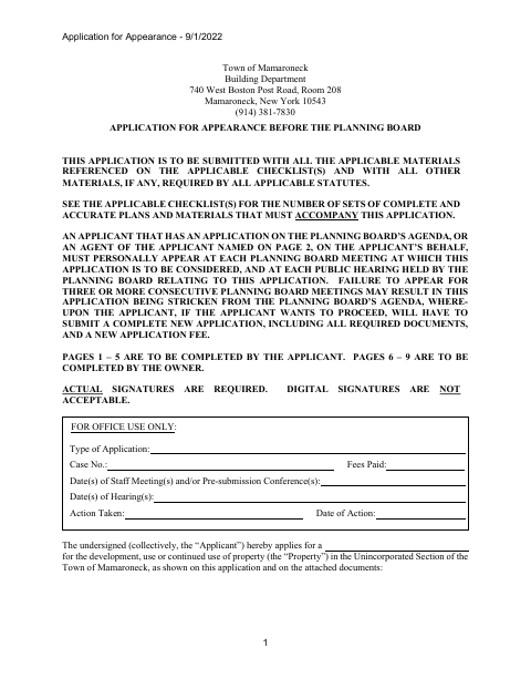 First page of the Application for Appearance Before the Planning Board
