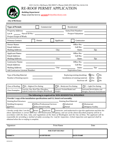 First page of the Re-Roof Permit Application