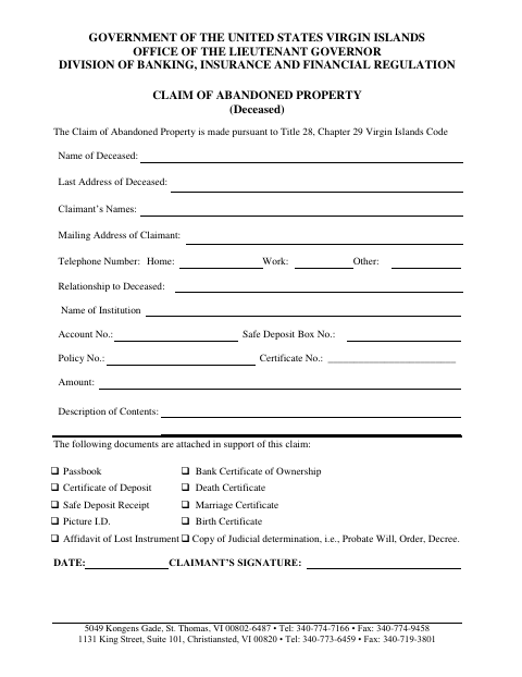 First page of the Claim of Abandoned Property (Deceased)