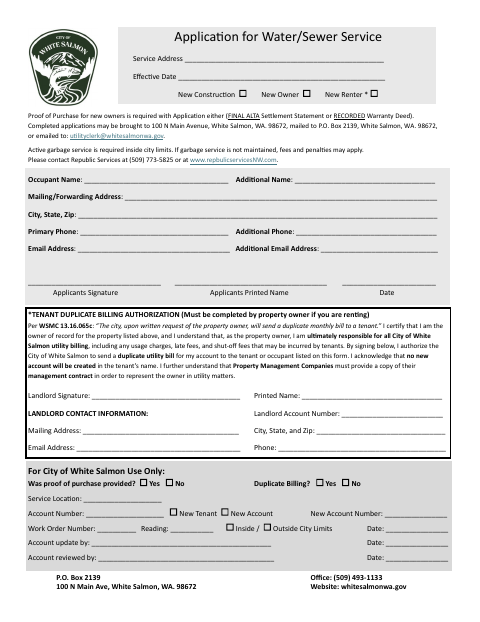 First page of the Application for Water/Sewer Service