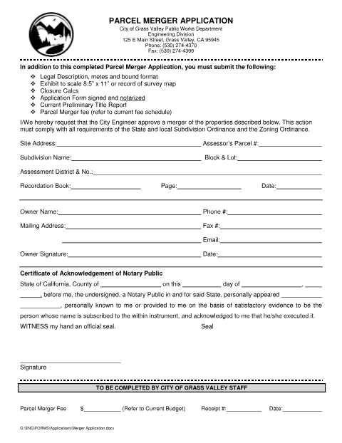 First page of the Parcel Merger Application