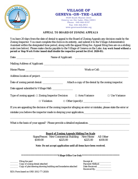 First page of the Appeal to Board of Zoning Appeals