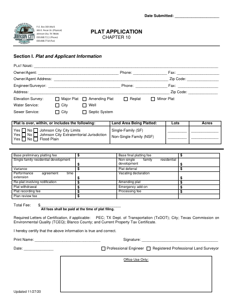 First page of the Plat Application