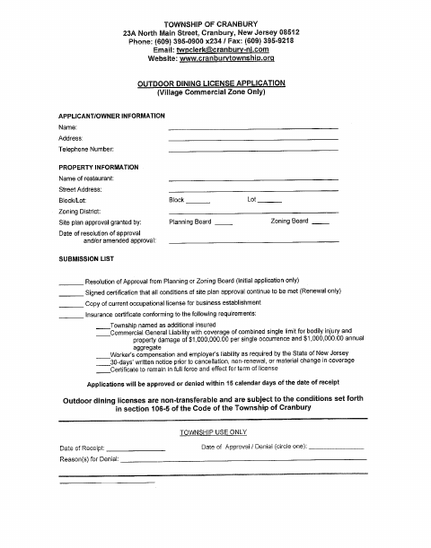 First page of the Outdoor Dining License Application