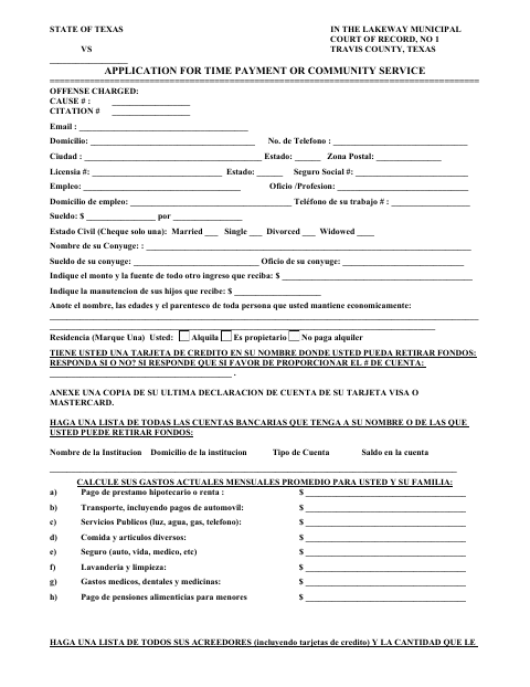 First page of the Application for Time Payment or Community Service