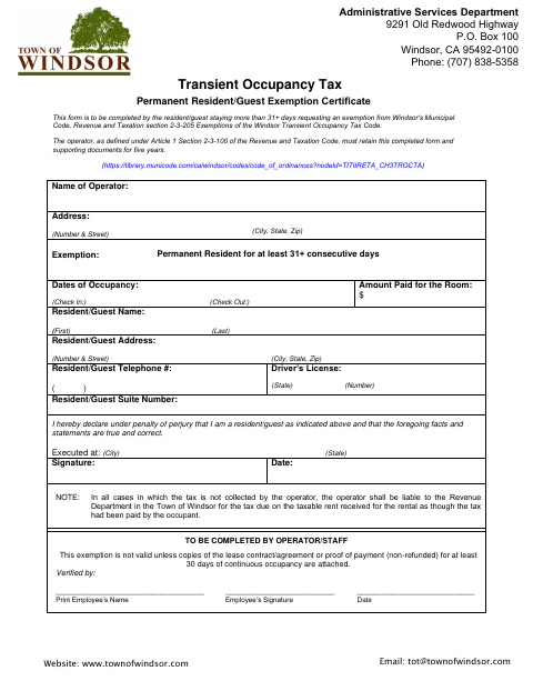 First page of the Transient Occupancy Tax Permanent Resident/Guest Exemption Certificate