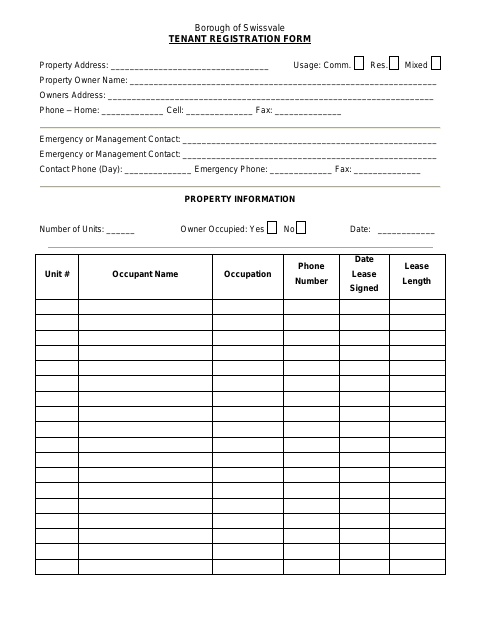 First page of the Tenant Registration Form