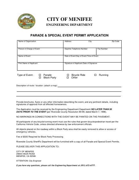 First page of the Parade & Special Event Permit Application