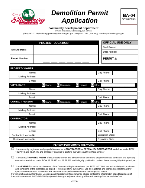 First page of the Demolition Permit Application