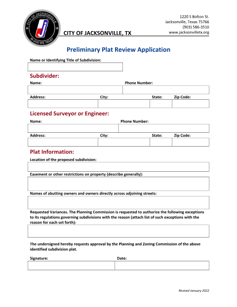 First page of the Preliminary Plat Review Application