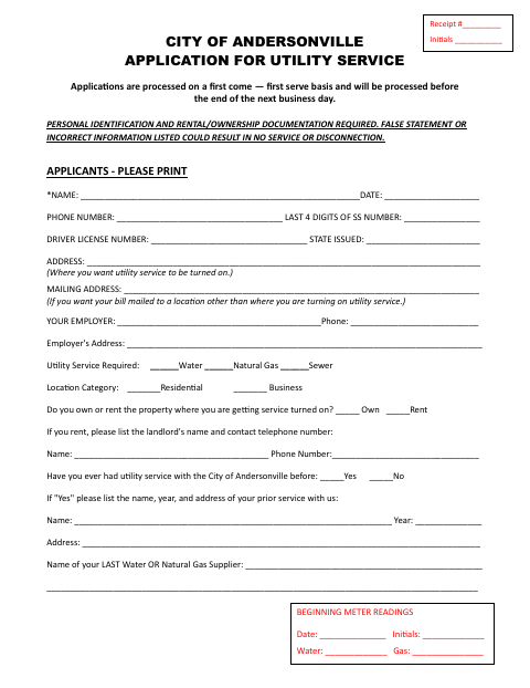 First page of the Application to Start Utility Service
