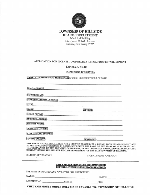 First page of the Retail Food Establishment License Application