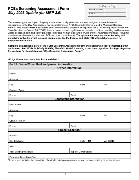 First page of the PCBs Screening Assessment Form