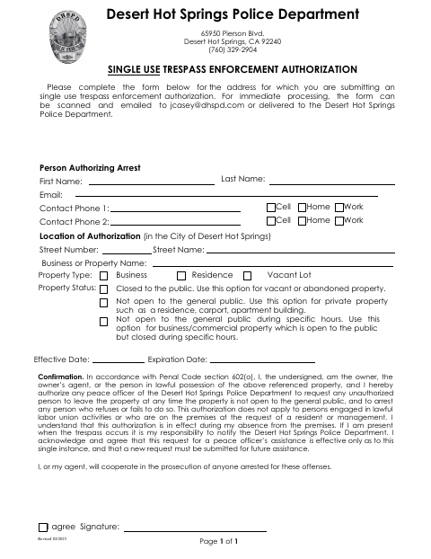 First page of the Single Use Trespass Enforcement Authorization