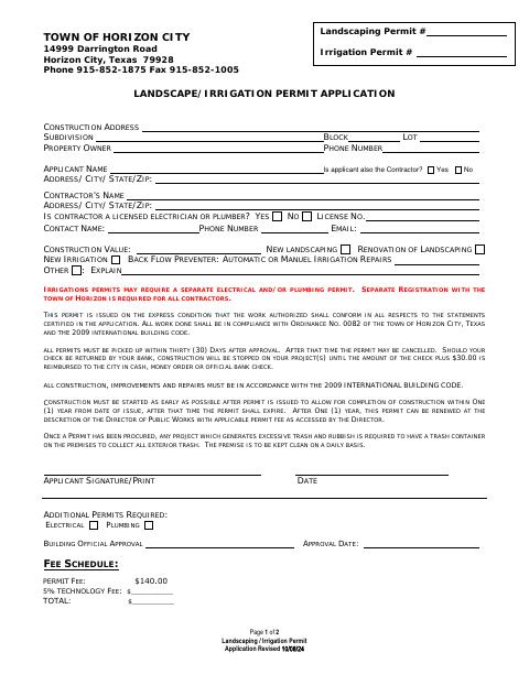 First page of the Landscaping / Irrigation Permit Application