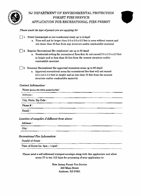 First page of the Recreational Fire Permit
