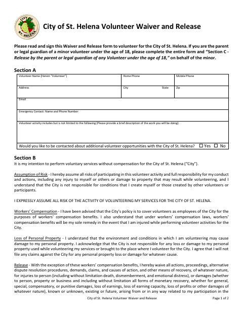 First page of the Volunteer Waiver and Release