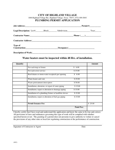 First page of the Plumbing Permit Application