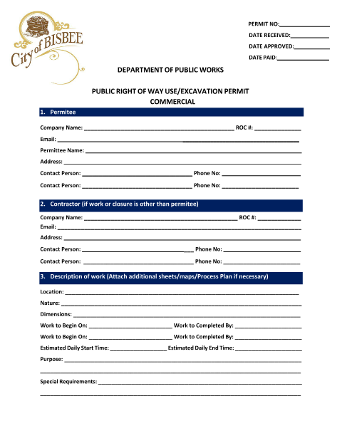 First page of the Public Right-of-Way Use/Excavation Permit Commercial