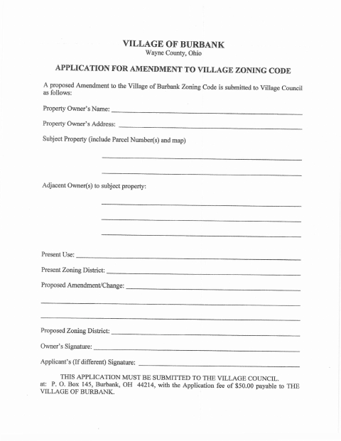 First page of the Application for Amendment to Village Zoning Code