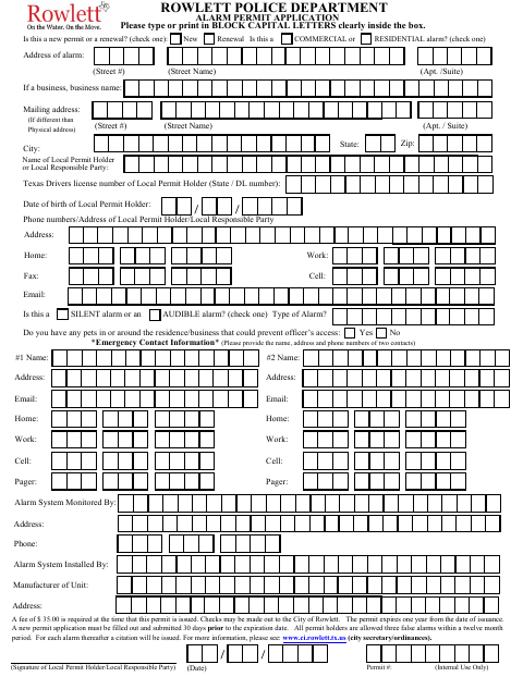 First page of the Alarm Permit Application