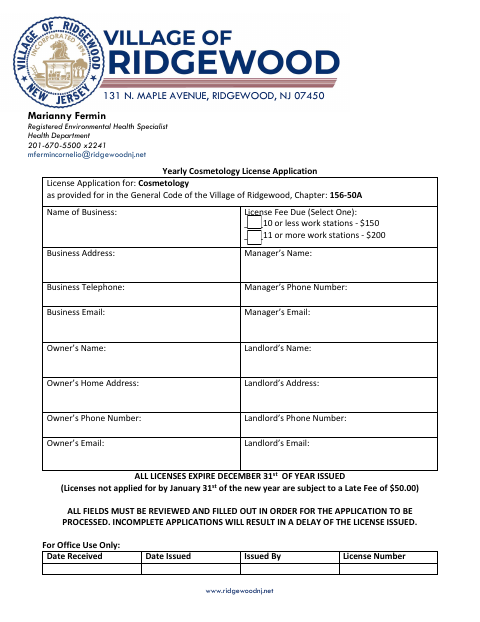 First page of the Yearly Cosmetology License Application
