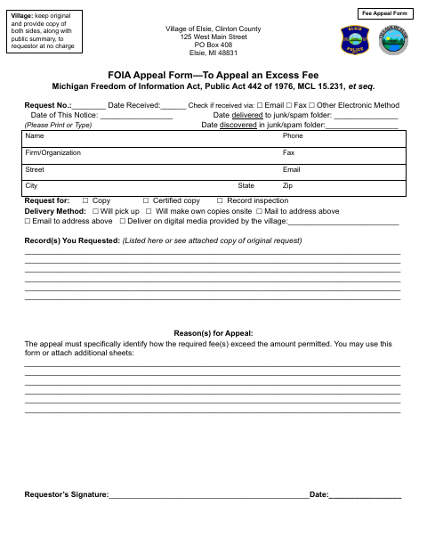 First page of the FOIA Excess Fee Appeal Form