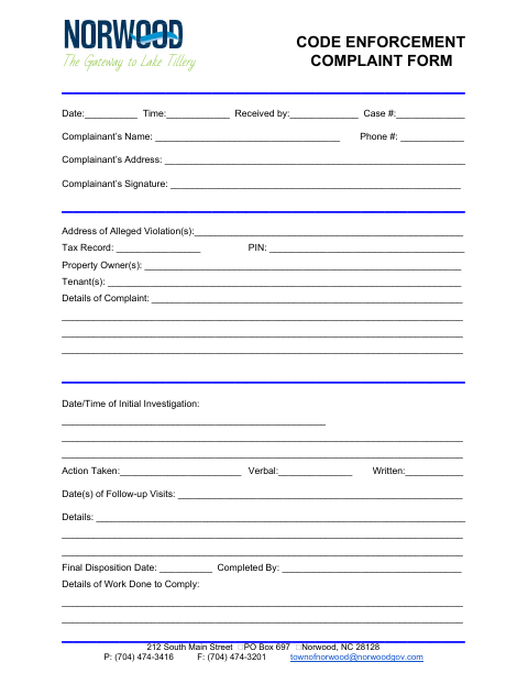 First page of the Code Enforcement Complaint Form