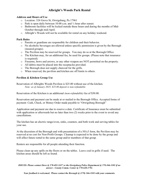 First page of the Albright’s Woods Park Rental Request