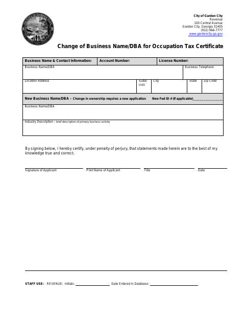 First page of the Business Name Change Form