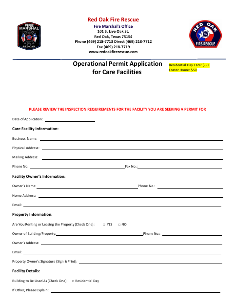 First page of the Operational Permit Application for Care Facilities
