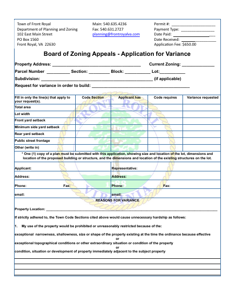 First page of the BZA Application for Variance