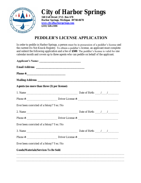First page of the Peddler’s License Application
