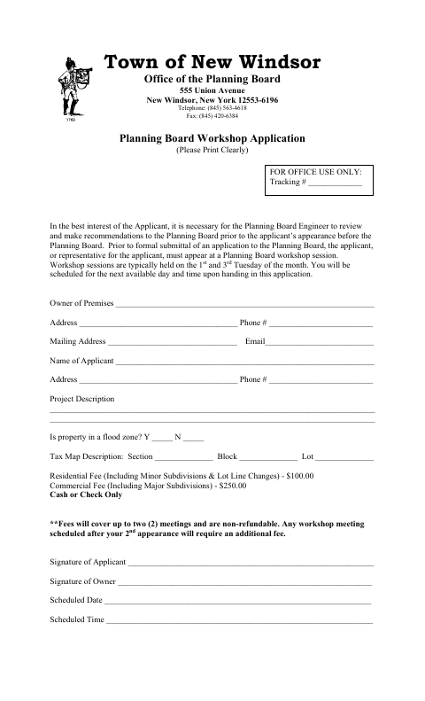 First page of the Planning Board Workshop Application