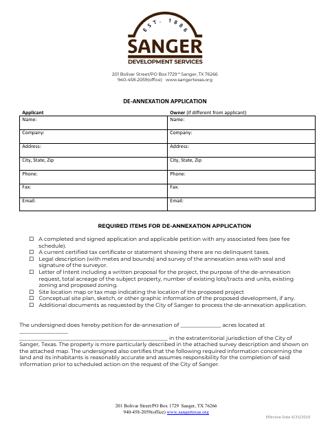 First page of the De-Annexation Application and Petition