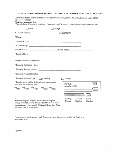 First page of the Residential Direct Pay Enrollment or Change Form